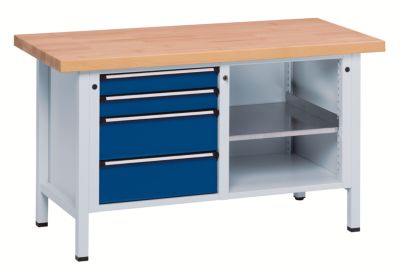 Stabile Werkbank - BxT 1500 x 700 mm, 4 Schubladen Buchemassivplatte, Teilauszug Preisvergleich