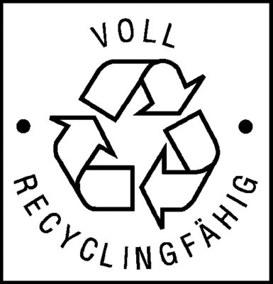 <B>Voll Recyclingfähig</B><br/>Diese Produkte sind aus hochwertigem Erst-Granulat hergestellt und mit dem jeweiligen Symbol versehen. Ein sortenreines Recycling ist deshalb möglich.