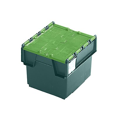 Mehrweg-Stapelbehälter mit Klappdeckel - Inhalt 20 Liter, Außenmaße LxBxH 400 x 300 x 252 mm - grün, ab 10 Stück