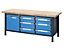 EUROKRAFT Werkbank, höhenverstellbar, mit Buchemassivplatte - 6 Schubladen, 1 Flügeltür - Breite 2000 mm, anthrazit / blau