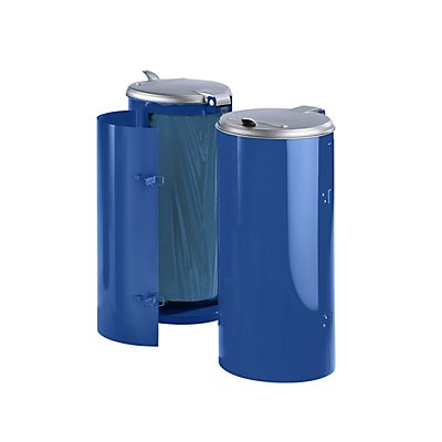 Stahlblech-Abfallsammler für 120-l-Sack - mit Einflügeltür - blau mit silberfarbenem Kunststoffdeckel