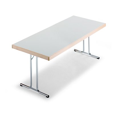 Tables pliantes - piétement en T - 1500 x 800 mm, piétement chromé, plateau gris clair