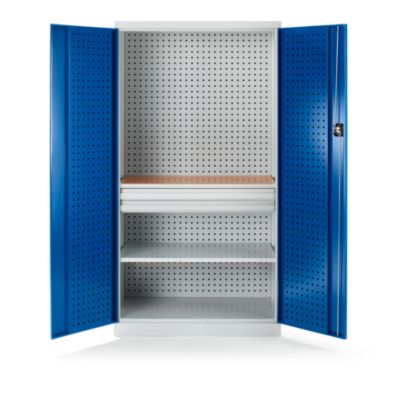 Werkzeugschrank mit Lochprägung, 2 Schubladen, 1 Fachboden, 1 Arbeitsplatte, Türen lichtgrau 