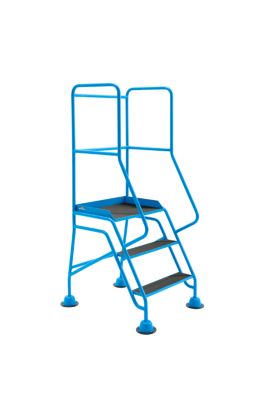 EUROKRAFT Mobile Stehleiter mit Plattform, 3 Stufen, mit Geländer, Siebdruckplatte 