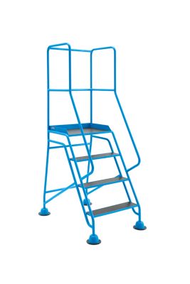 EUROKRAFT Mobile Stehleiter mit Plattform, 4 Stufen, mit Geländer, Riefengummi 