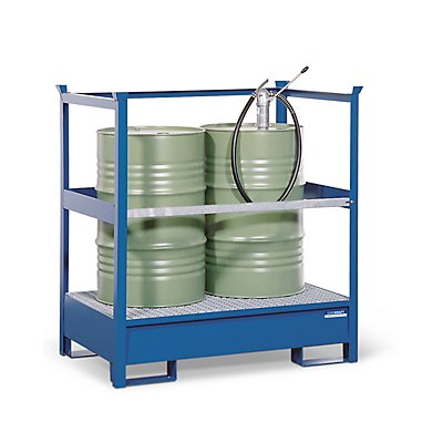 EUROKRAFTpro Fass-Auffangwanne für Transport und Lagerung, Rücken- und Seiten-Stahlrahmen offen, stapelbar, für 2 Fässer, blau 