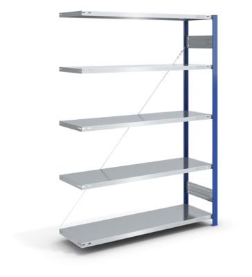 EUROKRAFT Rayonnage emboîtable à montants bleus - h x l 2000 x 1300 mm, tablette galvanisée - rayonnage additionnel, profondeur 400 mm