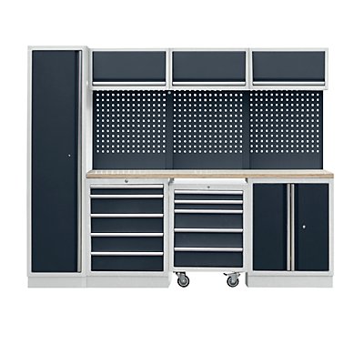 Mobilier d'atelier complet avec servante d'atelier et armoire haute à portes battantes - LxP 2606 x 460 mm