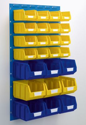 Image of Sichtlagerkasten-Set - ohne Wandpaneel für 2 Paneele mit HxB 480 x 500 mm - 16 x gelb (1 l) + 6 x blau (4 5 l) + 3 x