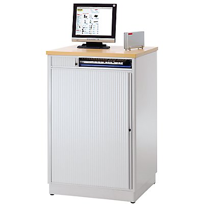RAU Computer-Arbeitsplatz - HxBxT 1110 x 1030 x 660 mm, ohne Monitorgehäuse - lichtgrau RAL 7035 / enzianblau 5010, fahrbar