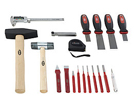 VIGOR Assortiment d'outils FORM - pointeaux, burins, marteaux, grattoirs, 19 pièces dans un support en mousse dure