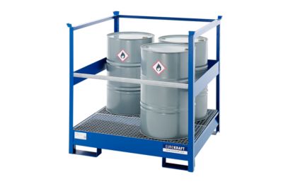 EUROKRAFTpro Fass-Auffangwanne für Transport und Lagerung, Rücken- und Seiten-Stahlrahmen offen, stapelbar, für 2 Fässer, blau 