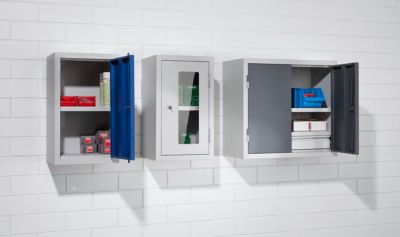 Werkstatt-Hängeschrank, HxBxT 600 x 800 x 320 mm, Vollblechtüren, mit 2 Fachböden, enzianblau RAL 5010 