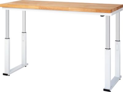 Werkbank | elektrisch höhenverstellbar | HxBxT 740-1140 x 750 x 700 mm | Flächenlast 600 kg | Buche-Massiv Arbeitsplatte | Plattenstärke 40 mm | Rau