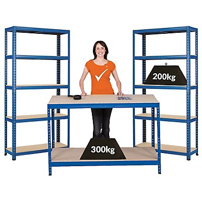 Mega Deal | 2x Werkstattregal und 1x Werkbank | HxBxT 178 x 90 x 30 cm | Blau | Traglast pro Fachboden: 200 kg | Certeo