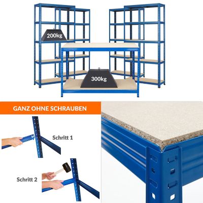 Certeo | 4x Étagère pour entrepôt et 1x établi | HxLxP 178 x 90 x 30 cm | Bleu | Charge max. par tablette: 200 kg | Mega Deal