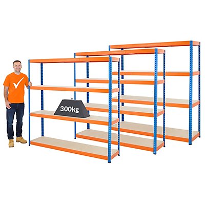 Mega Deal | 3x Werkstattregal | HxBxT 180 x 180 x 45 cm | Blau/Orange | Traglast pro Fachboden: 300 kg | Certeo