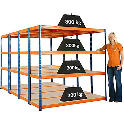Mega Deal | 4x Werkstattregal | HxBxT 178 x 180 x 60 cm | Blau/Orange | Traglast pro Fachboden: 300 kg | Certeo