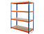 Mega Deal | 4x Werkstattregal und 1x Werkbank | HxBxT 180 x 140 x 60 cm | Blau/Orange | Traglast pro Fachboden: 300 kg | Certeo
