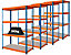 Mega Deal | 4x Werkstattregal und 1x Werkbank | HxBxT 180 x 120 x 60 cm | Blau/Orange | Traglast pro Fachboden: 300 kg | Certeo