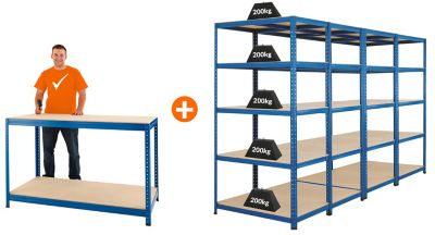 Mega Deal | 4x Werkstattregal und 1x Werkbank | HxBxT 178 x 90 x 60 cm | Blau | Traglast pro Fachboden: 200 kg | Certeo