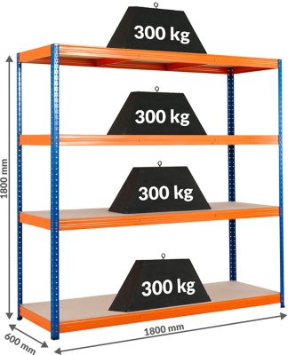 Certeo | 3x Étagère pour entrepôt et 1x établi | HxLxP 178 x 180 x 60 cm | Bleu/Orange | Charge max. par tablette: 300 kg | Mega Deal