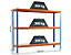 Mega Deal | 3x Werkstattregal und 1x Werkbank | HxBxT 150 x 180 x 45 cm | Blau/Orange | Traglast pro Fachboden: 300 kg | Certeo