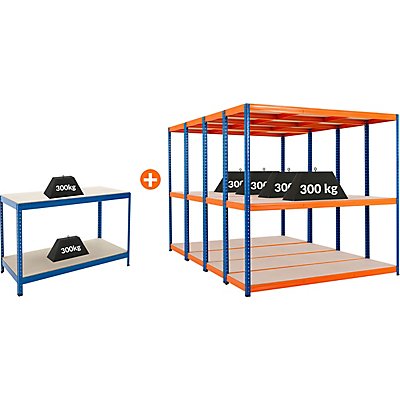 Mega Deal | 4x Garagenregal und 1x Werkbank | HxBxT 178 x 180 x 60 cm | Blau/Orange | Traglast pro Fachboden: 300 kg | Certeo