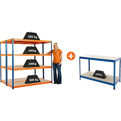 Mega Deal | 2x Werkstattregal und 1x Werkbank | HxBxT 178 x 180 x 60 cm | Blau/Orange | Traglast pro Fachboden: 300 kg | Certeo