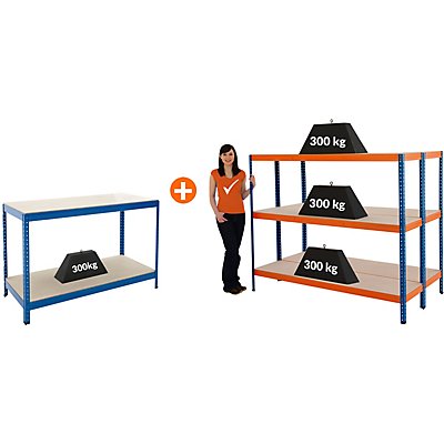 Mega Deal | 2x Werkstattregal und 1x Werkbank | HxBxT 150 x 180 x 45 cm | Blau/Orange | Traglast pro Fachboden: 300 kg | Certeo