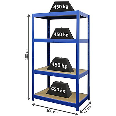 Profi Schwerlastregal | 450 kg pro Fachboden | 180 x 100 x 60 cm | Blau