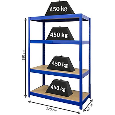 Stabiles Schwerlastregal | HxBxT 180 x 120 x 60 cm | 450 kg pro Fachboden