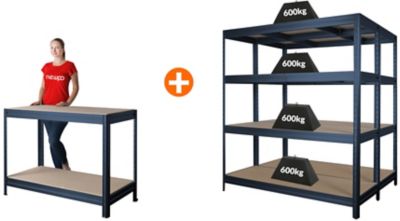 Mega Deal | 2x Lagerregale HxBxT 1770 x 1600 x 600 mm | 1x Werkbank HxBxT 870 x 1200 x 600 mm | silbergrau | Certeo