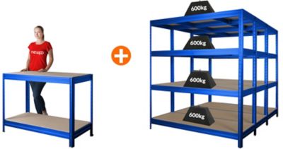 Mega Deal | 3x Schwerlastregale HxBxT 1770 x 1600 x 600 mm | 1x Werkbank HxBxT 870 x 1200 x 600 mm | silbergrau | Certeo