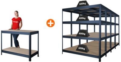 Mega Deal | 4x Garagenregale HxBxT 1770 x 1600 x 600 mm | 1x Werkbank HxBxT 870 x 1200 x 600 mm | silbergrau | Certeo