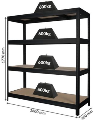 Profi Lagerregal | Extra breit | Tragkraft bis zu 600 kg pro Fachboden | HxBxT 1770 x 900 x 450 mm | Silber