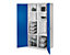 Schwerlastschrank mit Mitteltrennwand, 1950 x 1000 x 600 mm, Modell 51, RAL 7035/5010 | Türinnenseite: RasterPlan Lochplatten, 3 Fachböden links verzinkt | 3 Fachböden rechts verzinkt