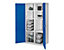 Schwerlastschrank mit Mitteltrennwand, 1950 x 1000 x 600 mm, Modell 51, RAL 7035/5010 | Türinnenseite: RasterPlan Schlitzplatten, 3 Fachböden links verzinkt | 3 Fachböden rechts verzinkt