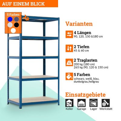 Stabiles Schwerlastregal | HxBxT 178 x 90 x 60 cm | Tragkraft bis zu 265 kg pro Fachboden | Hellgrau | Certeo