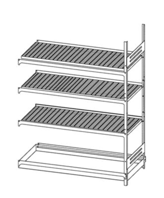 Rayonnage pour bidons contenant des produits dangereux - avec tablettes en caillebotis et plateau en auge - rayonnage additionnel