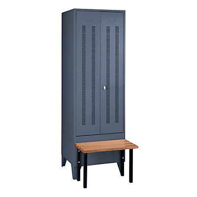Wolf Kleiderspind mit vorgebauter Bank - Lochblech-Türen, Abteilbreite 600 mm, 1 Abteil - blaugrau