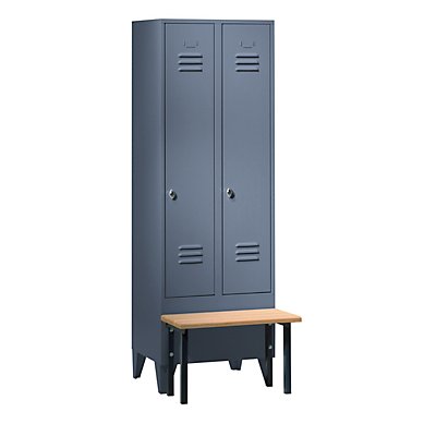 Wolf Kleiderspind mit vorgebauter Bank - Vollwand-Türen, Abteilbreite 300 mm, 2 Abteile - blaugrau