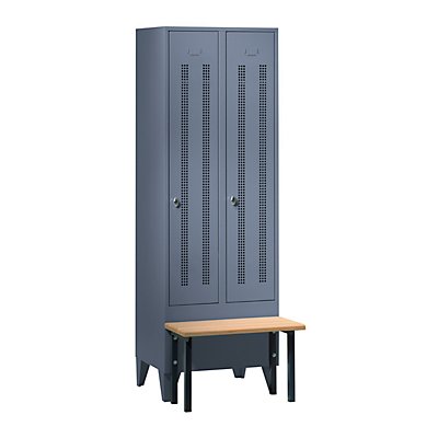 Wolf Kleiderspind mit vorgebauter Bank - Lochblech-Türen, Abteilbreite 300 mm, 2 Abteile - blaugrau