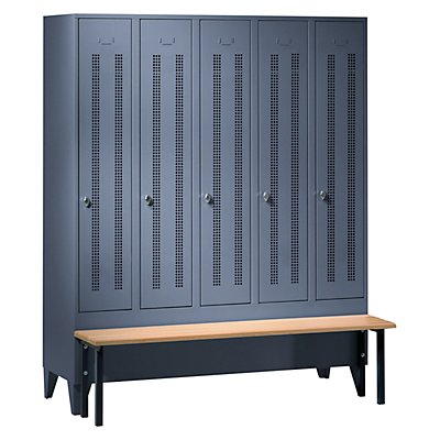 Wolf Kleiderspind mit vorgebauter Bank - Lochblech-Türen, Abteilbreite 300 mm, 5 Abteile - blaugrau