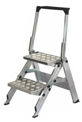 Image of Alu-Klapptreppe - Stufen Aluminium geriffelt - mit Sicherheitsbügel 2 Stufen