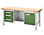 EUROKRAFT Werkbank, höhenverstellbar, mit Buchemassivplatte - 3 Schubladen, 1 Tür, 1 Ablageboden - Breite 2000 mm, lichtgrau / grün