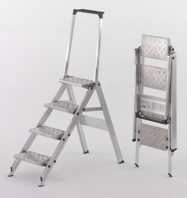 Image of Alu-Klapptreppe - Stufen Aluminium geriffelt - mit Sicherheitsbügel 4 Stufen