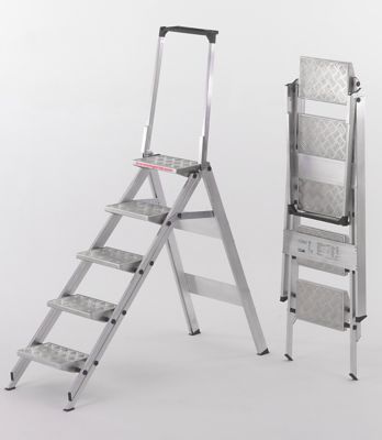 Image of Alu-Klapptreppe - Stufen Aluminium geriffelt - mit Sicherheitsbügel 5 Stufen