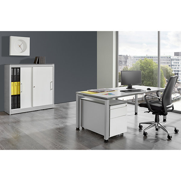 Komplettbüro ARCOS - Schreibtisch  Schiebetürenschrank  Rollcontainer mit 3 Schüben - weißalu / reinweiß