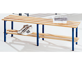 Banc de vestiaires à lattes en bois, sans dossier - avec grille pour chaussures, longueur 1500 mm